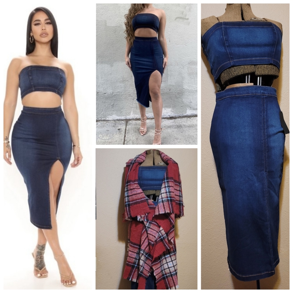 Denim bandeau 2PC set Super Stretch top and Thigh High split skirt S M L…